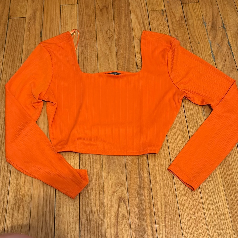 Orange long sleeve crop top; large